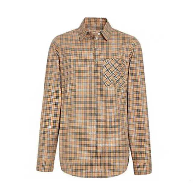 【BURBERRY 巴寶莉】8003121 經典棕色小格紋棉質長袖襯衫(棕色M號)