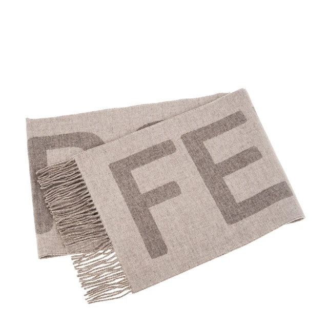 【FENDI 芬迪】新款撞色FENDI ROMA 圖案羊絨流蘇圍巾(鴿灰色/淺灰色)