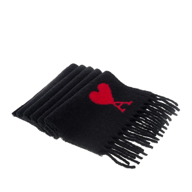 AMI PARIS 經典品牌紅色大愛心LOGO羊絨流蘇圍巾(黑色)