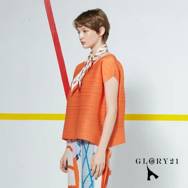 【GLORY21】速達-網路獨賣款-V領綁帶壓摺上衣(紅橘)