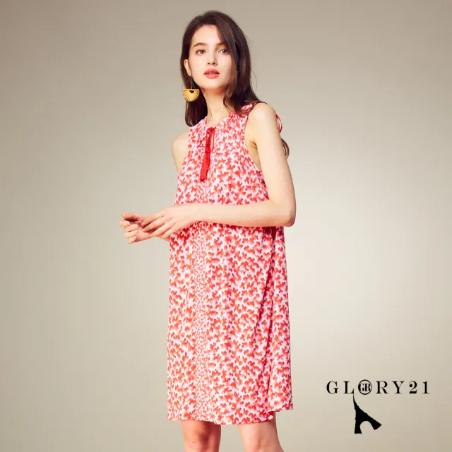 【GLORY21】速達-網路獨賣款-流蘇綁帶小領無袖洋裝(紅色)