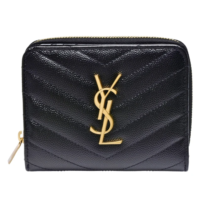 【YSL】經典品牌LOGO粒紋牛皮暗釦對折短夾(黑668288-BOW01-1000)