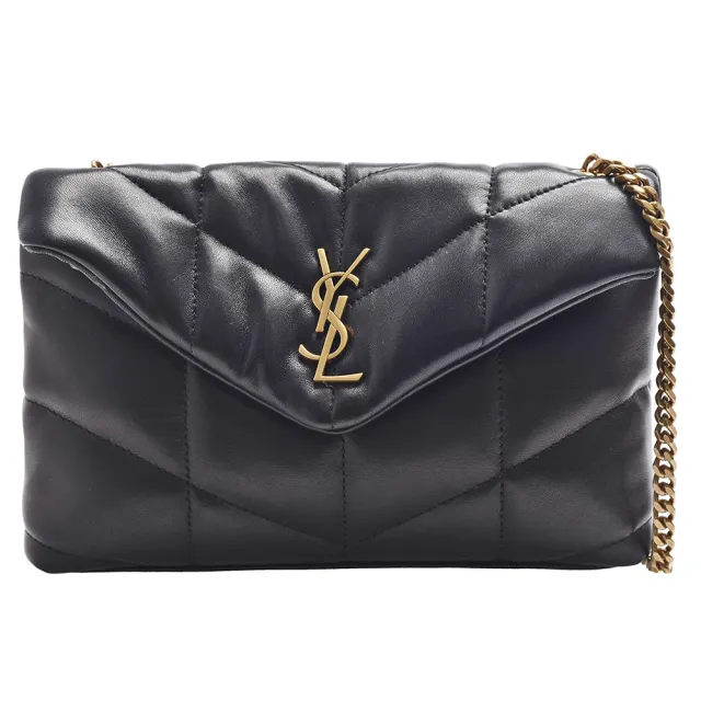 【YSL】PUFFER系列縫線小羊皮金色金屬LOGO金鍊斜背包(迷你-黑620333-1EL07-1000)