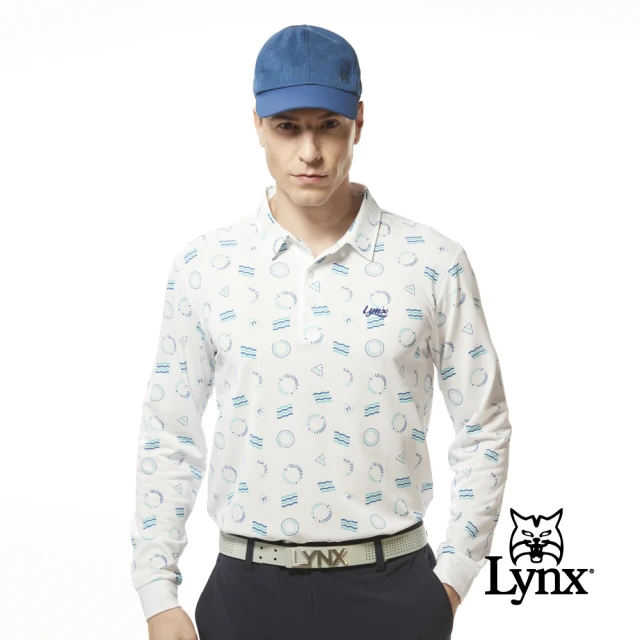 Lynx GolfLynx Golf 男款吸濕排汗機能滿版波浪線圓形LOGO印花長袖POLO衫(白色)