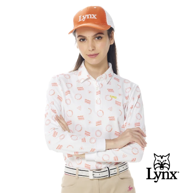 Lynx GolfLynx Golf 女款吸濕排汗機能滿版波浪線圓形LOGO印花長袖POLO衫(粉紅色)