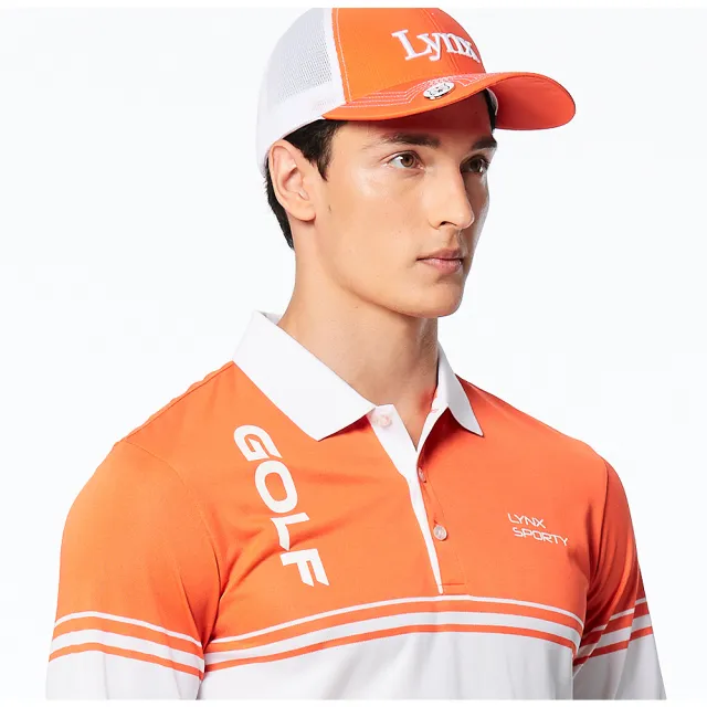 【Lynx Golf】男款網眼材質半身配色Lynx Sporty字樣印花長袖POLO衫(橘色)