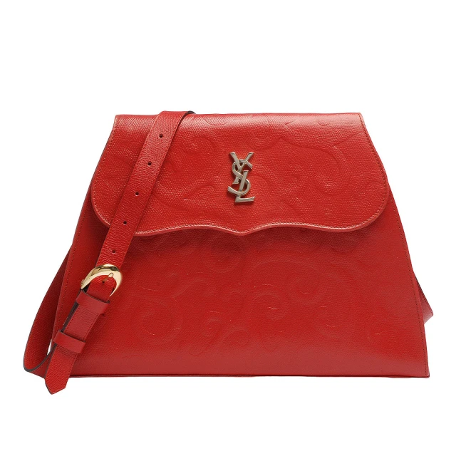 YSL 經典金屬LOGO荔枝紋壓花牛皮梯形肩斜包(紅-展示品342028-RED)