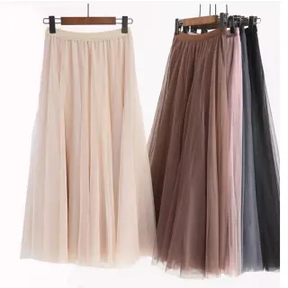 【CHACO】/現+預購/女四季飄逸唯美中長版質感三層網紗半身裙#1938(網紗 百褶裙 半身裙 長裙)