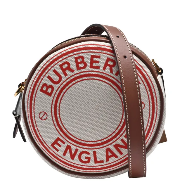 【BURBERRY 巴寶莉】Louise標誌圖案帆布皮革飾邊手提/斜背方包(棕/紅色 80367151)