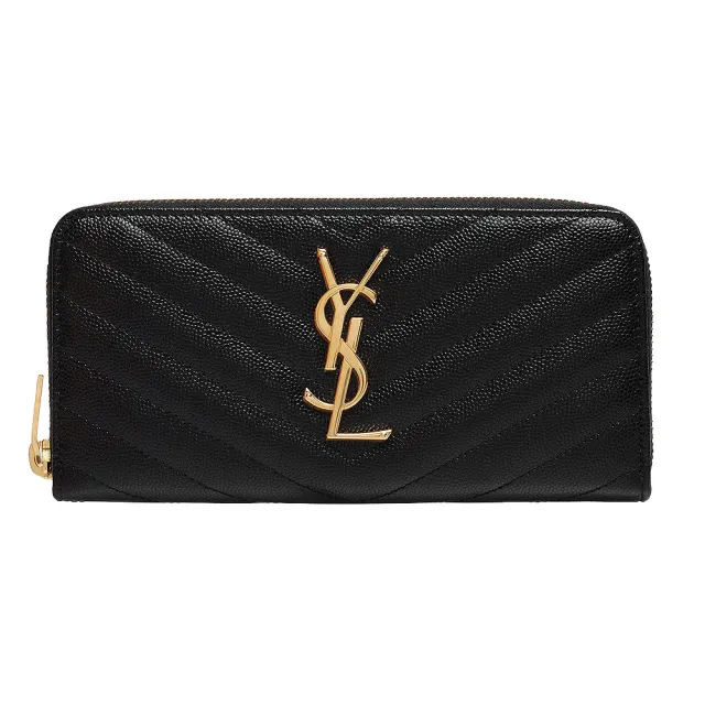 【YSL】MONOGRAM系列V字縫線魚子醬牛皮金屬LOGO拉鍊手拿長夾(黑358094-BOW01-1000)