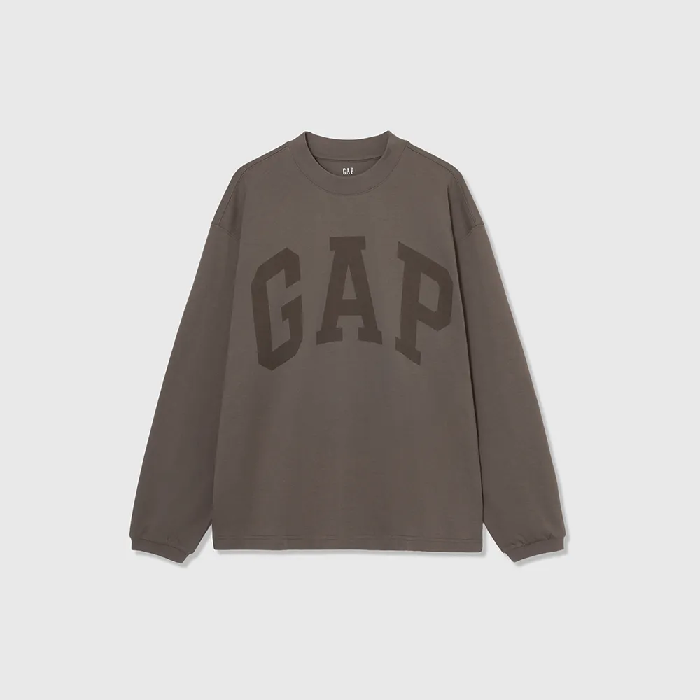 【GAP】男裝 Logo純棉圓領長袖T恤-灰粽色(452532)