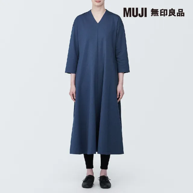 【MUJI 無印良品】女棉混二重織V領洋裝(共2色)