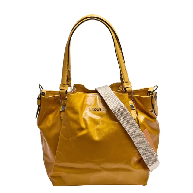 【TOD’S】金屬LOGO牛皮飾邊亮漆皮帆布磁釦三層兩用包(中-黃XBWAMPE0100CGRG211)