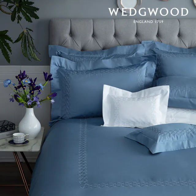 【WEDGWOOD】600織長纖棉六角菱格刺繡 鬆緊床包-雋永系列 灰瓦藍(雙人)