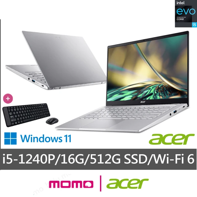 Acer 宏碁 送獨家鍵鼠組★14吋i5輕薄筆電(Swift 3/EVO/i5-1240P/16G/512G SSD/W11/SF314-512)