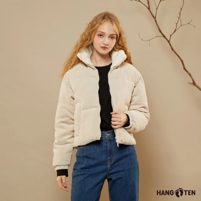 Hang Ten 女裝-韓國同步款-燈芯絨立領刷毛鋪棉外套(淺卡其)