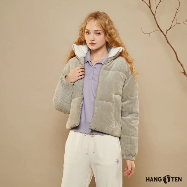 Hang Ten 女裝-韓國同步款-燈芯絨立領刷毛鋪棉外套(淺軍綠)