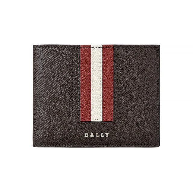 BALLY 經典紅白紅條紋荔枝紋牛皮摺疊包短夾(黑X紅622