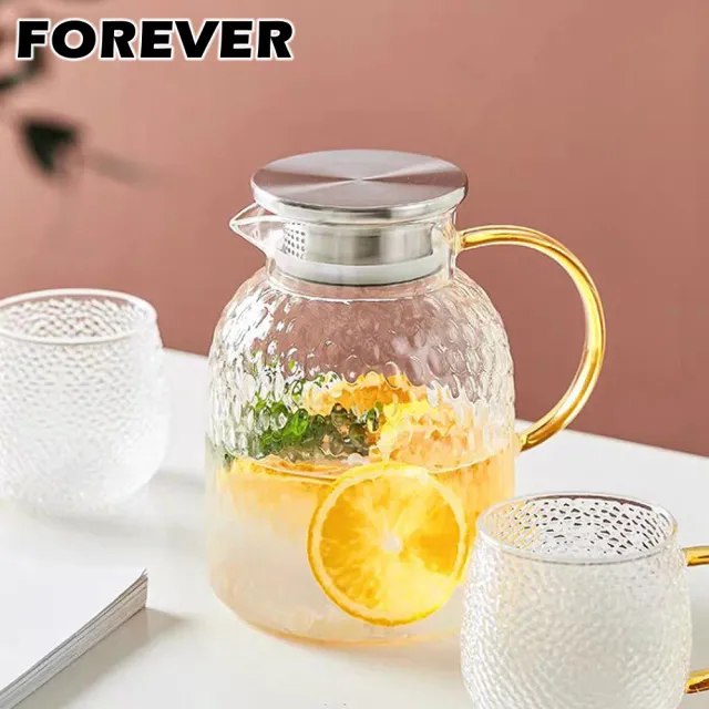【日本FOREVER】耐熱玻璃錘紋款不鏽鋼把手水壺1500ML(買一送一)
