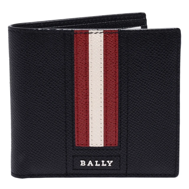 BALLY 經典紅白紅條紋荔枝紋牛皮摺疊包短夾(黑X紅6224898)