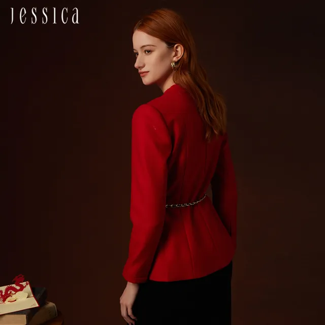 【JESSICA】氣質修身羊毛口袋圖領小香風外套235001（紅）