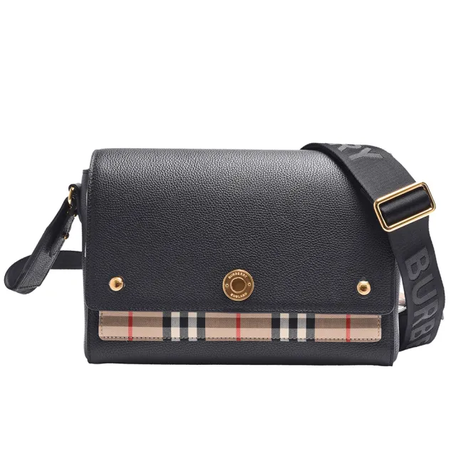 【BURBERRY 巴寶莉】經典HACKBERRY系列小牛皮格紋帆布飾邊手提/斜背托特包(中-黑8021110)