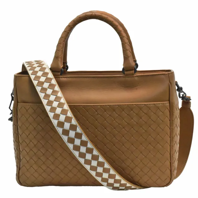 【BOTTEGA VENETA 寶緹嘉】經典編織小牛皮撞色背帶手提/肩背包(棕214728-BEIGE)
