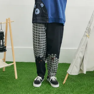 【Dailo】熊熊貓咪牛仔格紋剪接休閒長褲(藍 黑)