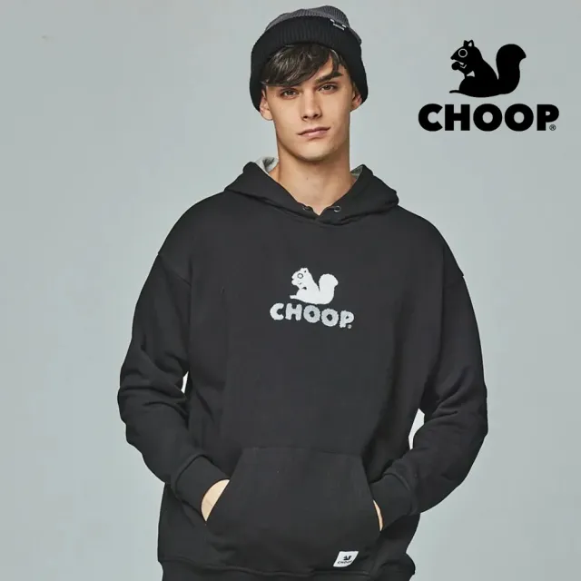 【CHOOP】小松鼠-經典毛巾繡連帽T(百搭黑)