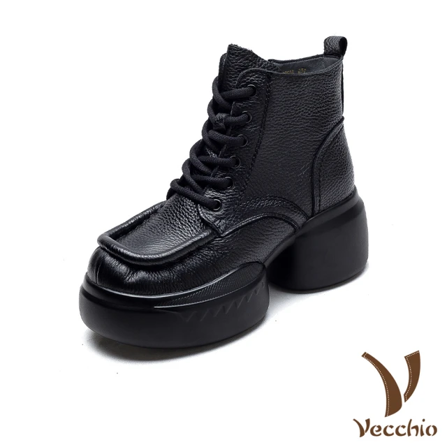 VecchioVecchio 真皮馬丁靴 厚底馬丁靴/真皮頭層牛皮立體滾邊復古繫帶厚底馬丁靴(黑)