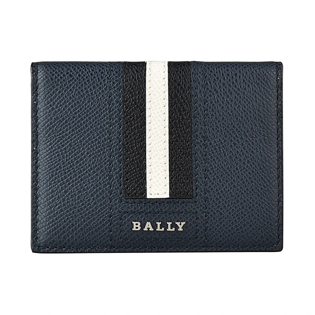 BALLY BALLY TALDER銀字LOGO牛皮6卡對折卡片名片夾(黑白黑條紋x深藍)