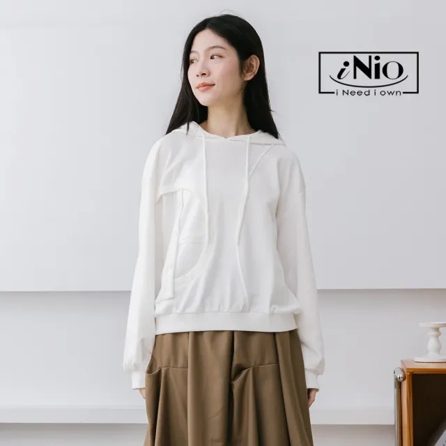 【iNio 衣著美學】長袖上衣 冬新品 現貨 拼接 抽繩 連帽上衣 長袖棉T(CCW1649)
