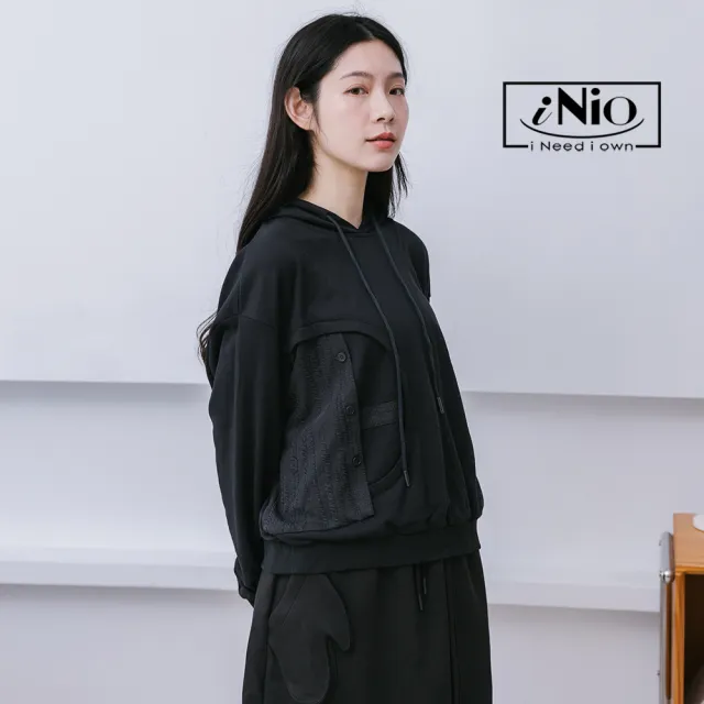 【iNio 衣著美學】長袖上衣 冬新品 現貨 拼接 抽繩 連帽上衣 長袖棉T(CCW1649)