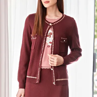 【ILEY 伊蕾】氣質撞色滾邊混羊毛小香針織外套(紅色；M-XL；1234175206)