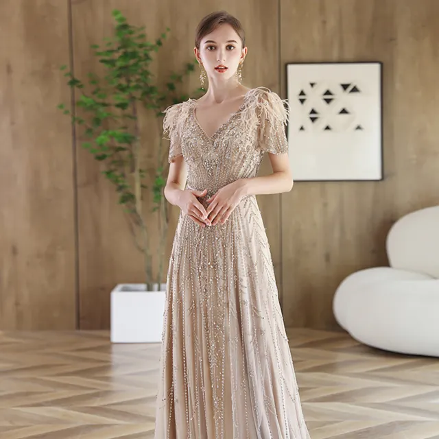【女神婚紗禮服】輕奢深V領鑽飾短袖墜地長宴會晚禮服 PLGZ-091藕金色(主持人演奏會晚宴服 拉鍊款)