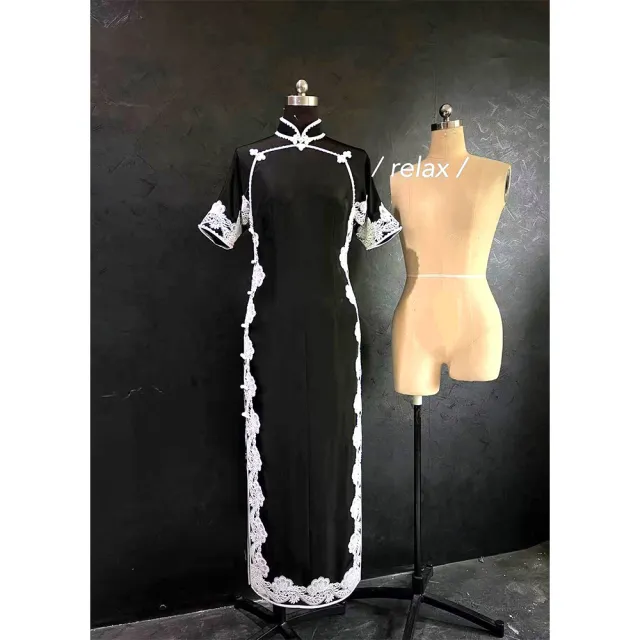 【女神婚紗禮服】和服正絹布料重手工蕾絲打造黑色旗袍(黑色旗袍 正絹布料 晚宴旗袍)
