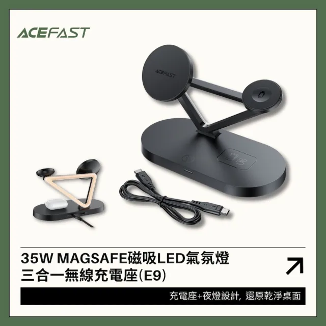 【ACEFAST】35W E9 MagSafe磁吸LED氣氛燈三合一無線充電座(支援iPhone、Apple手錶、耳機同時充電)
