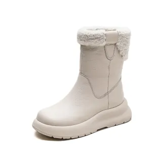 【Vecchio】真皮雪靴 厚底雪靴/真皮頭層牛皮復古加絨保暖純色厚底雪靴(米)