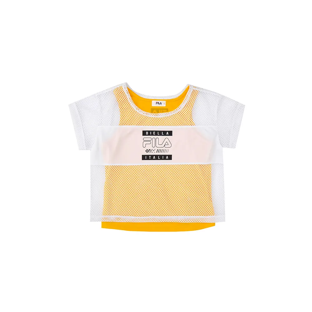 【FILA官方直營】KIDS 童裝 女童吸濕排汗兩件式短袖上衣-黃色(5TEX-4438-YE)