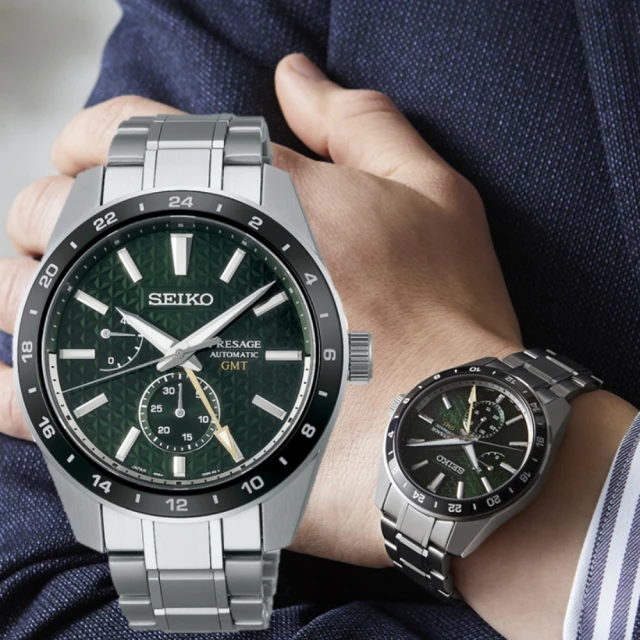 SEIKO 精工 PRESAGE 新銳系列 麻葉圖騰 GMT 機械腕錶 新年禮物(SPB219J1/6R64-00C0G)
