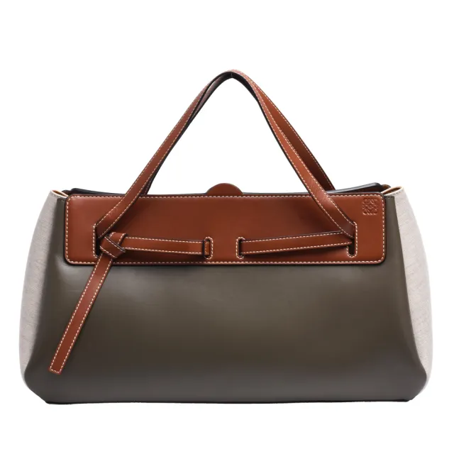 【LOEWE 羅威】經典Lazo East-West Bag小牛皮拼接手提包(卡其綠_展示品329.53.Z72)