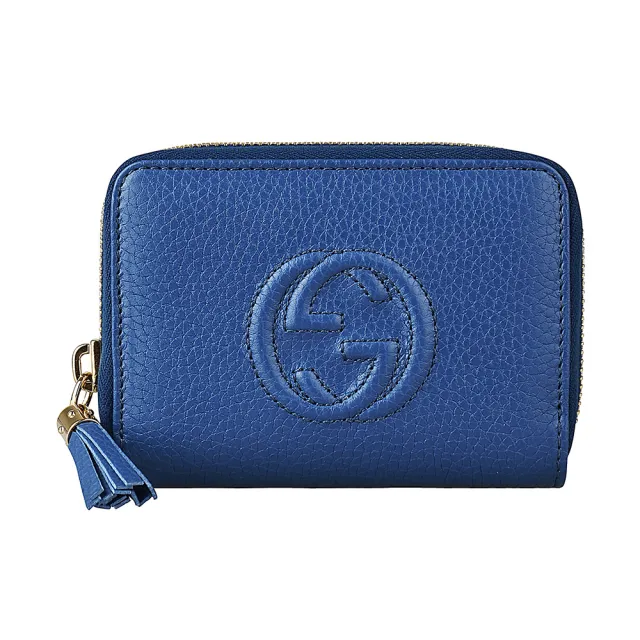 【GUCCI 古馳】GUCCI SOHO浮雕雙G LOGO荔枝紋牛皮4卡拉鏈短夾(藍)