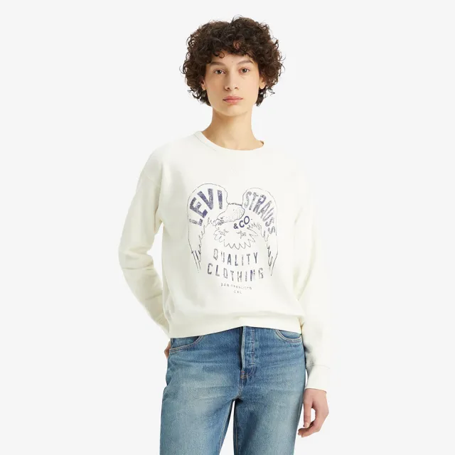 【LEVIS 官方旗艦】女款 重磅大學Tee / 美式休閒印花 405GSM厚棉 米白 熱賣單品 A7288-0012