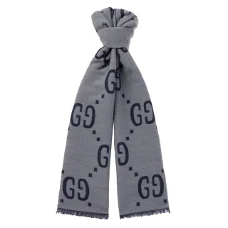 【GUCCI 古馳】495592 經典GG大LOGO雙色羊毛圍巾/披巾(灰色)