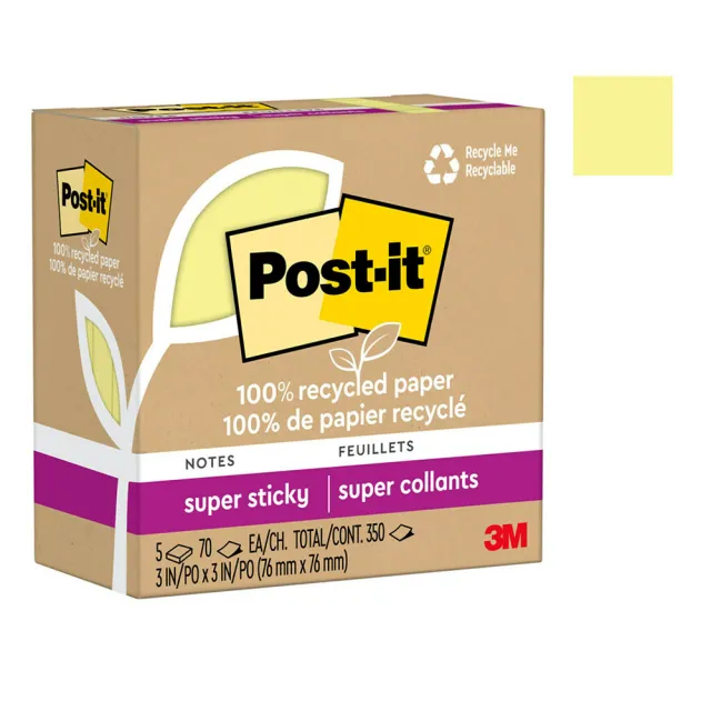 【3M】Post-it 利貼 狠黏 環保便條紙 76x76mm（70張 /本）黃色5本 /盒 654R-5SSCY