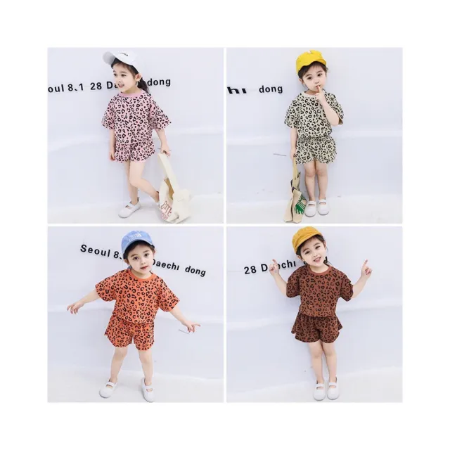【安朵童舖】現貨韓版女童套裝豹紋短袖T恤上衣女寶短褲套裝童裝衣服(04)