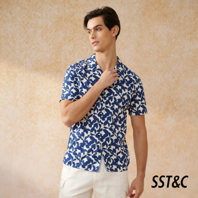 SST&C 新品９折 彈性合身 藍色海洋風印花標準版襯衫03