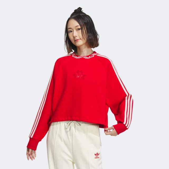 adidas 愛迪達 上衣 女款 長袖上衣 運動 短版 三葉草 CNY 亞規 JAC CREW NECK 紅 IX4228