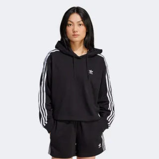 【adidas 愛迪達】上衣 女款 長袖上衣 帽T 運動 三葉草 亞規 3S SHORT HOODIE 黑 IU2424