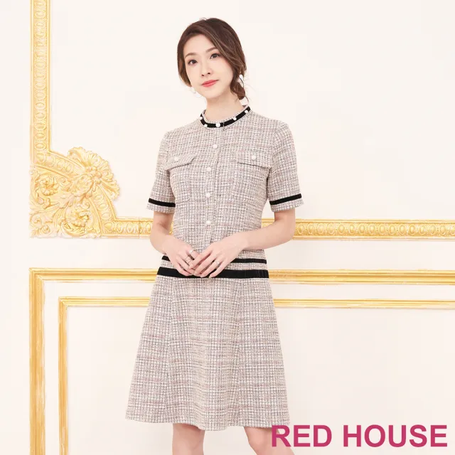 【RED HOUSE 蕾赫斯】小香風珍珠毛呢洋裝(粉橘色)
